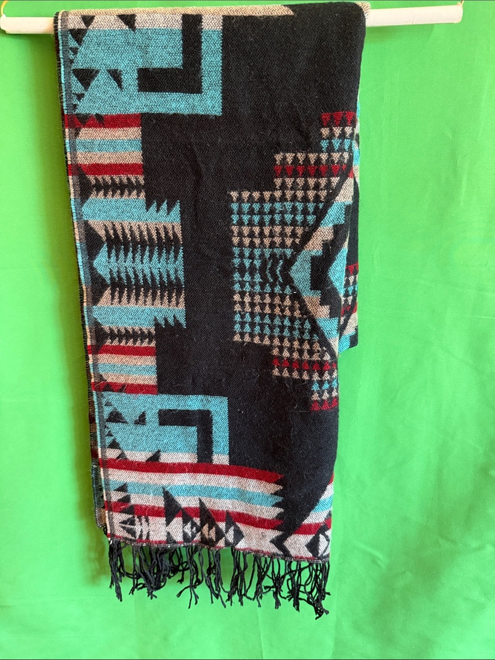 Black Aztec Pattern Scarf  with Teal and Red Accents